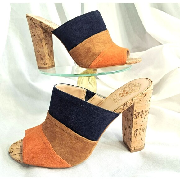 Vince Camuto Vella Color Block Suede Slide Mule Cork Heel Slip On Size 9 - Picture 2 of 12